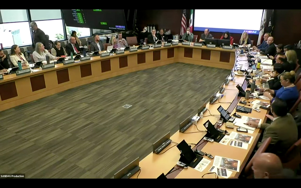 Video of a SANDAG Board of Directors meeting on February 23, 2024. The video begins at (time stamp) with SANDAG staff presenting an informational update to the Board about the upcoming planning work on the Airport Transit Connection project.