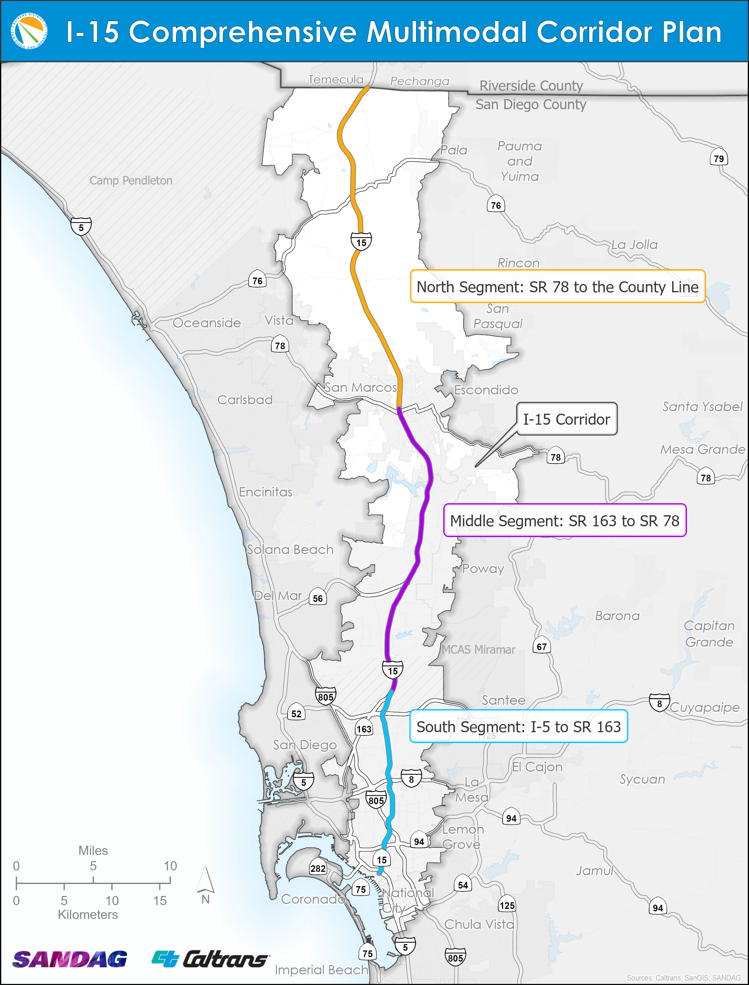 Map showing County of San Diego highlighting the I-15 / SR 15 and the surrounding study areas, mainly west and east, and some parts south where the freeway ends in Barrio Logan.