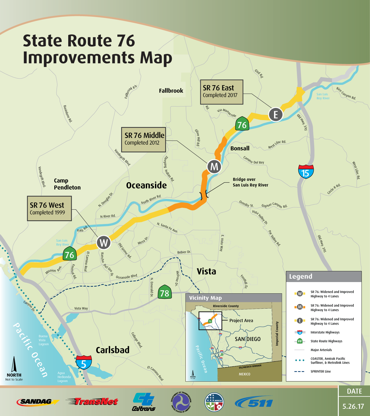 State Route 76 improvements map showing west, middle and east completed segments. All segments were widened and improved to four lanes.