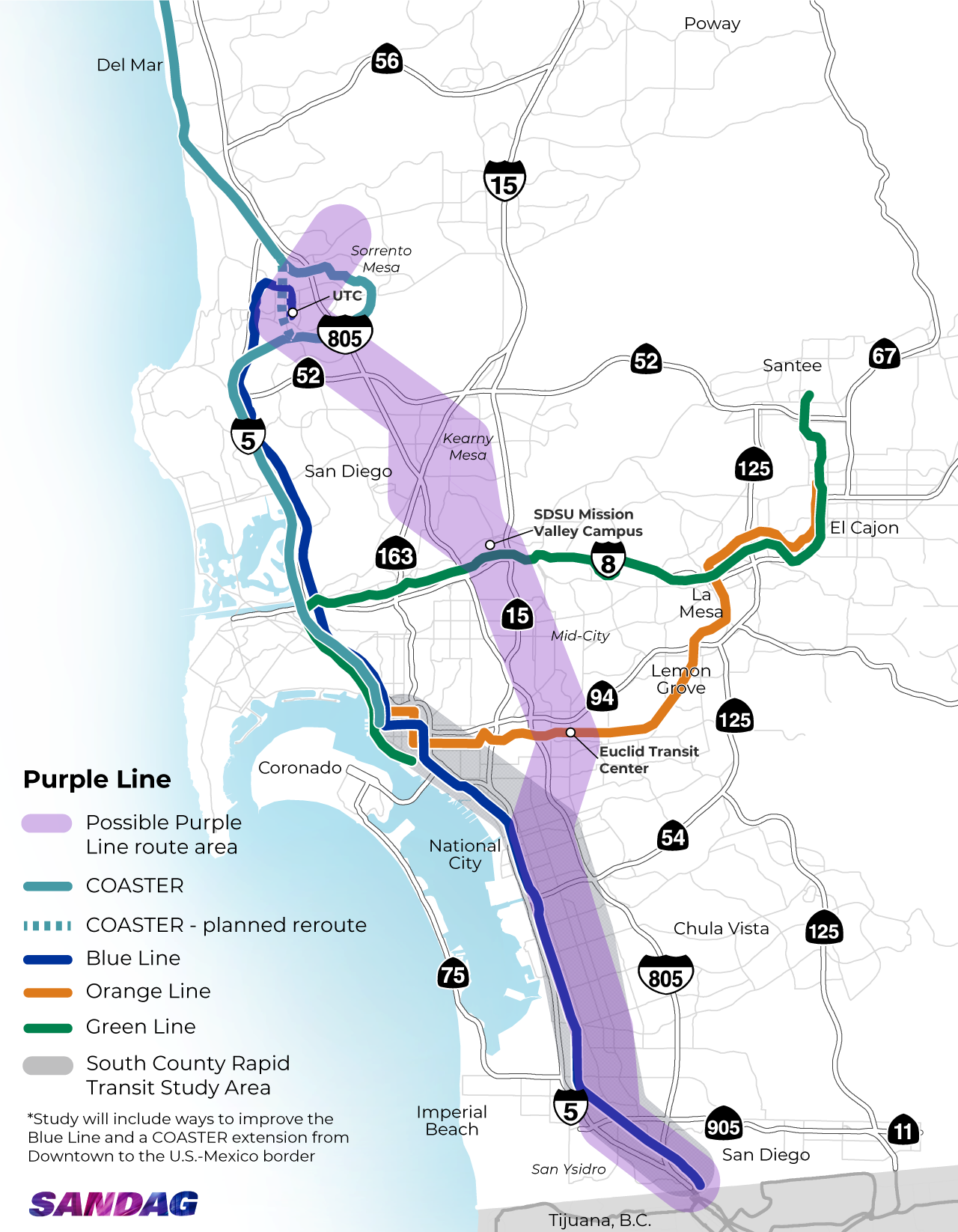 Map showing possible Purple Line route area. Other lines showing include Coaster, Coaster planned reroute in the UTC area, Blue, Orange and Green Line, and the South County Rapid transit study area. The Study will include ways to improve the Blue Line and a COASTER extension from Downtown to the US/Mexico border.